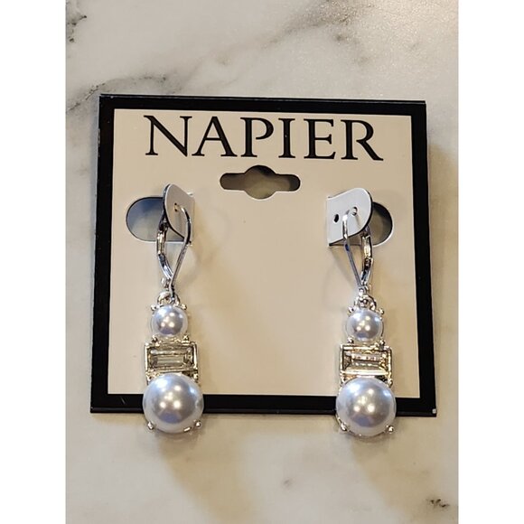 Napier Silver-Tone Drop Earrings With Faux Pearls & Crystal Accents - Picture 1 of 5